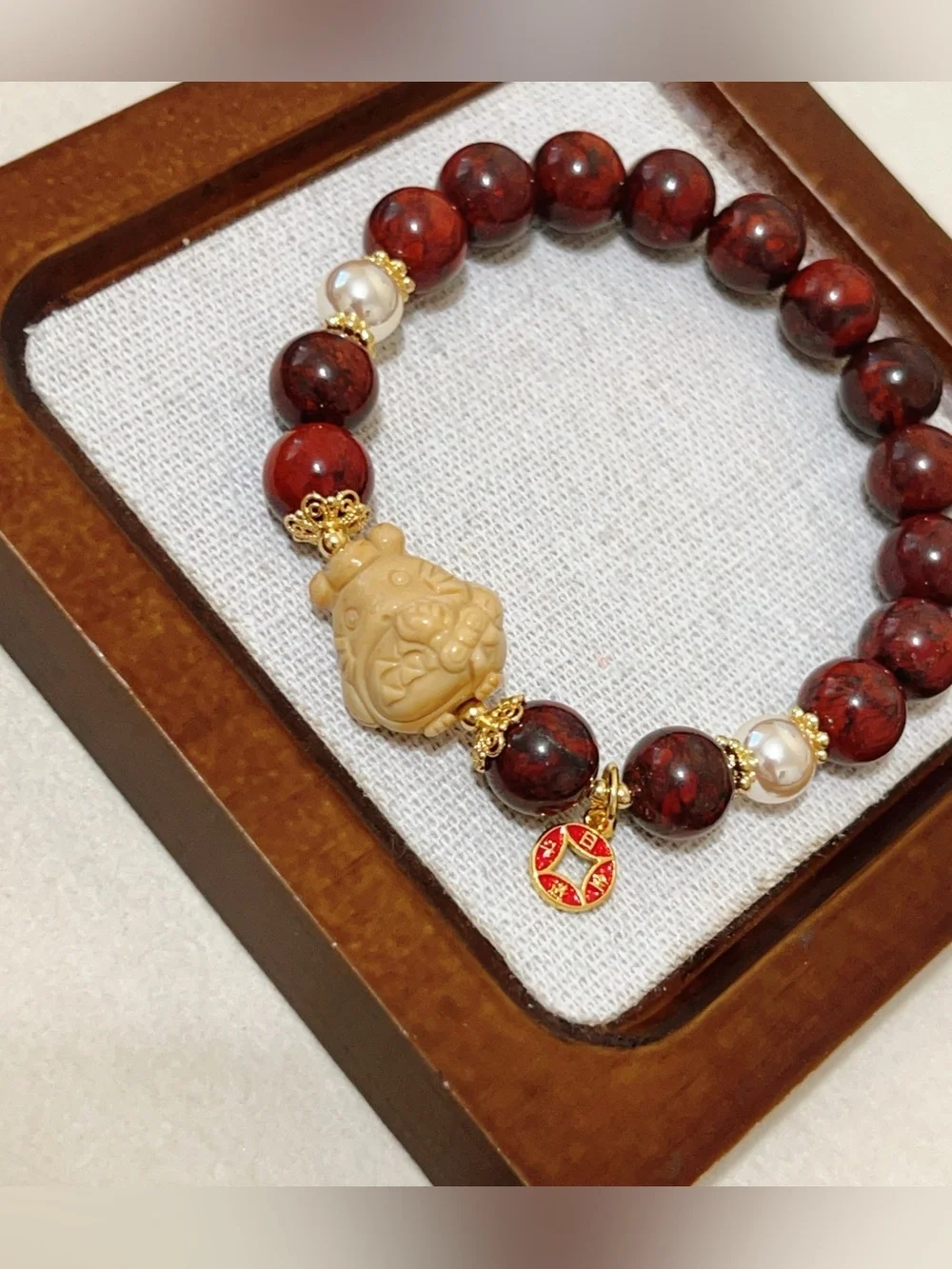 Natural Red Jasper Handmade Bracelet with Cute Alashan Agate Charm option 10mm
